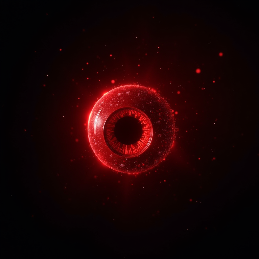 HAL9000 red eye in deep space, entropy patterns forming
